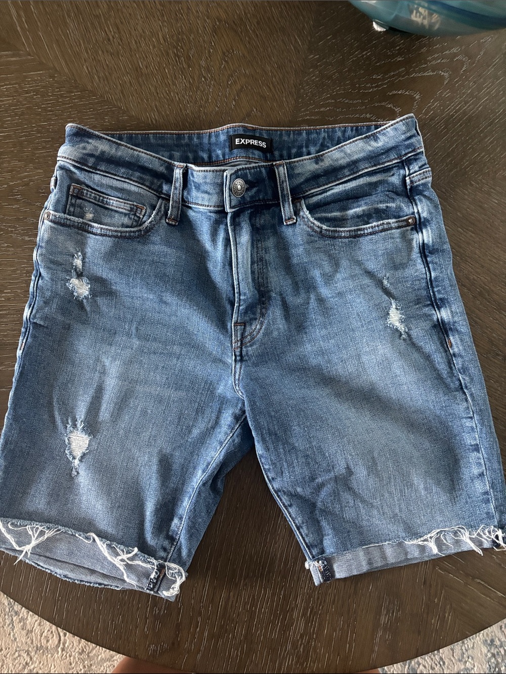Express Men's Medium Blue Distressed Denim Jean Shorts